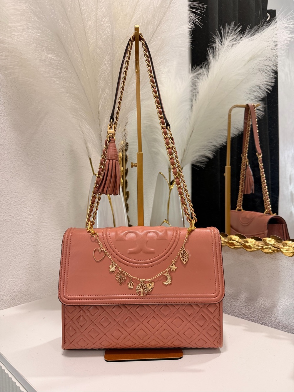 Tory Burch Dusty Rose Quilted Leather Shoulder Bag with Gold Charms